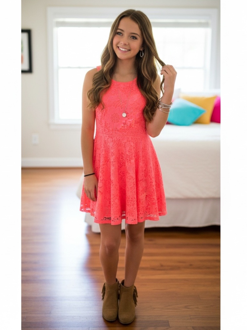 Aeropostale Neon Coral Lace Skater Dress